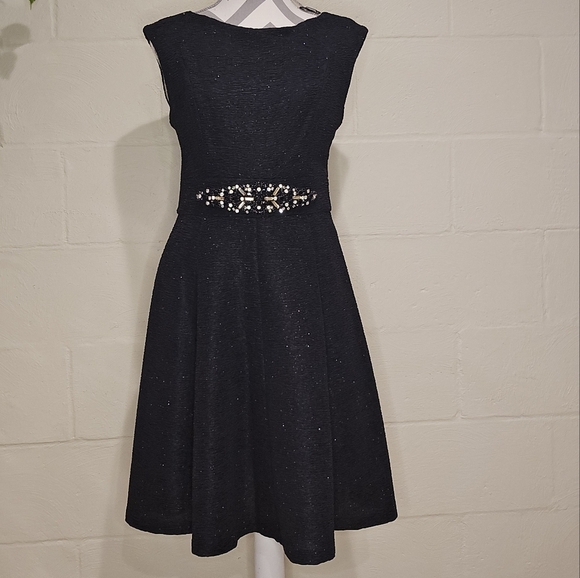 ELIZA J Embellished Sparkle Cocktail Fit & Flare Sleeveless Jeweled Dress BLK  8 - Picture 1 of 16